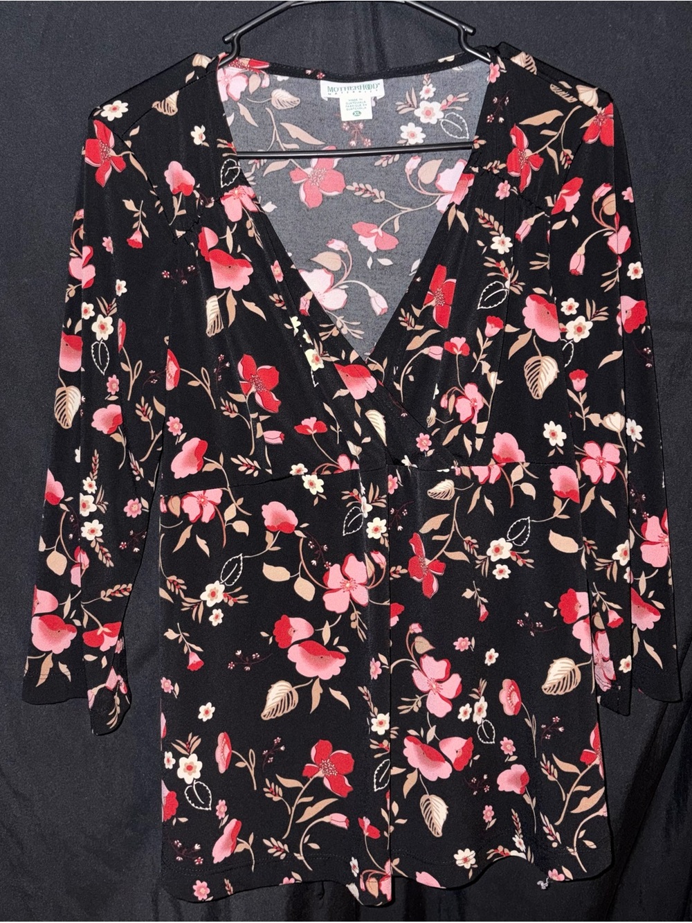 Motherhood Black Floral Maternity Top with Pink Accents